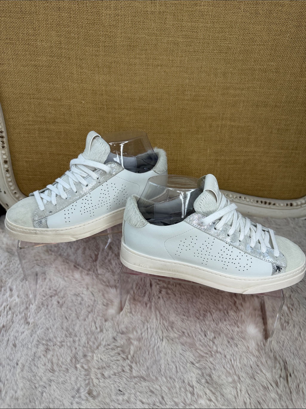 P448 | Light Gray & White Suede Sneakers With Silver Glitter & Pony Accents — image 4 of 8
